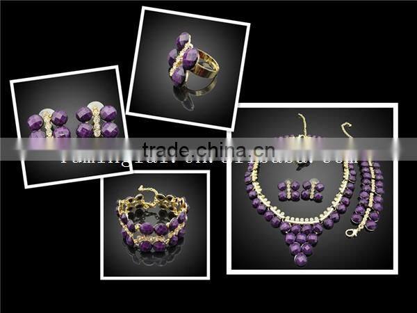 Shining popular handmade african beads pink resin jewelry set rings jewelry purple stone