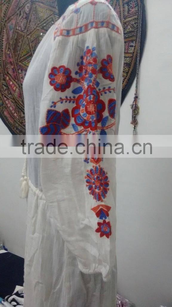 Indian Hand Embroidered Girls Party Wear Long Dress Designer Gauze Cotton Embroidery Evening Dress Handmade Hippie Dress