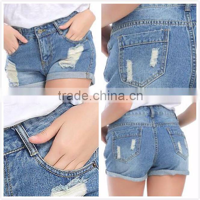 Hot sale Women Apparel Europe Importer Customized Light Blue Ripped Folding Hem Shorts Jeans