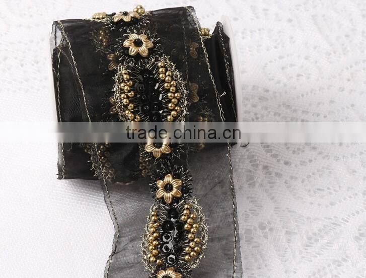 100% Handmade Garment accessories black and gold color wholesale beaded lace trim