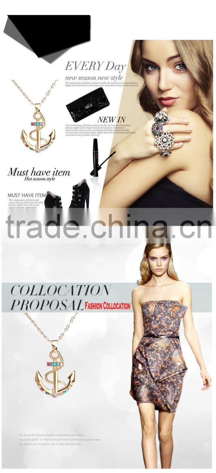 2016 Fashion Anchor Jewelry Crystal Wedding 18K Gold Necklace Designs