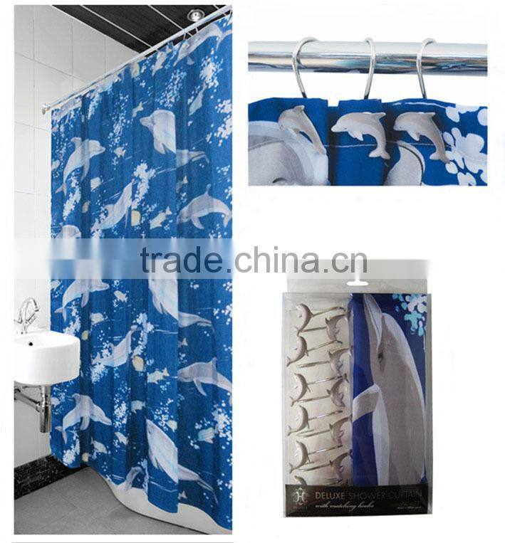 swan design shower curtain with 12pcs decorative resin hooks