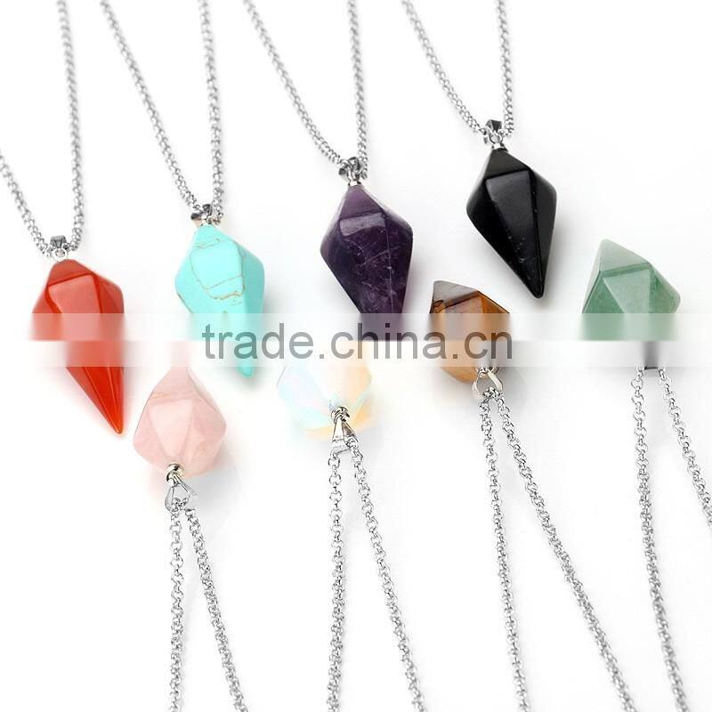 2016 Wholesale Quartz Stone Pendants Natural Crystal Point Pendant Lapis Lazuli Crystal Prism Conical Jewelry Necklace