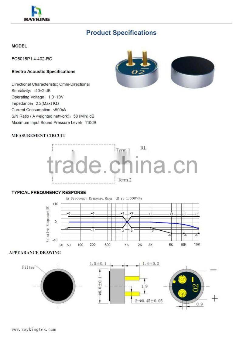 6mmx1.5mm 6015 mic high sensitivity -42dB microphone unit omnidirectional