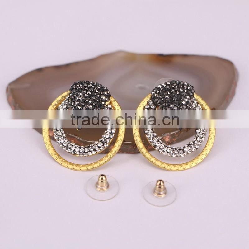 Metal Alloy Plated Gold Earrings, Circle shape Pave Crystal Jewelry Stud Earrings