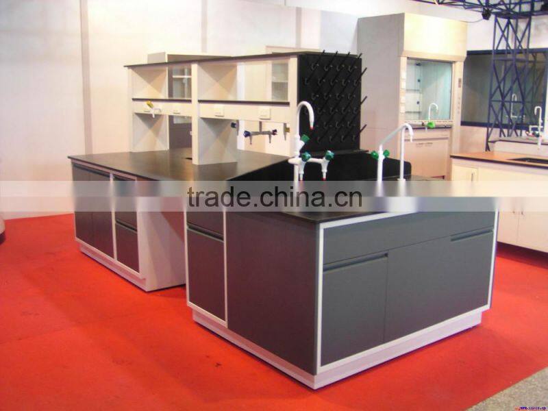University Laboratory Bench Lab Furniture Design Steel Lab Island Bench W/ Double Sink And Adjustable Reagent Shelf