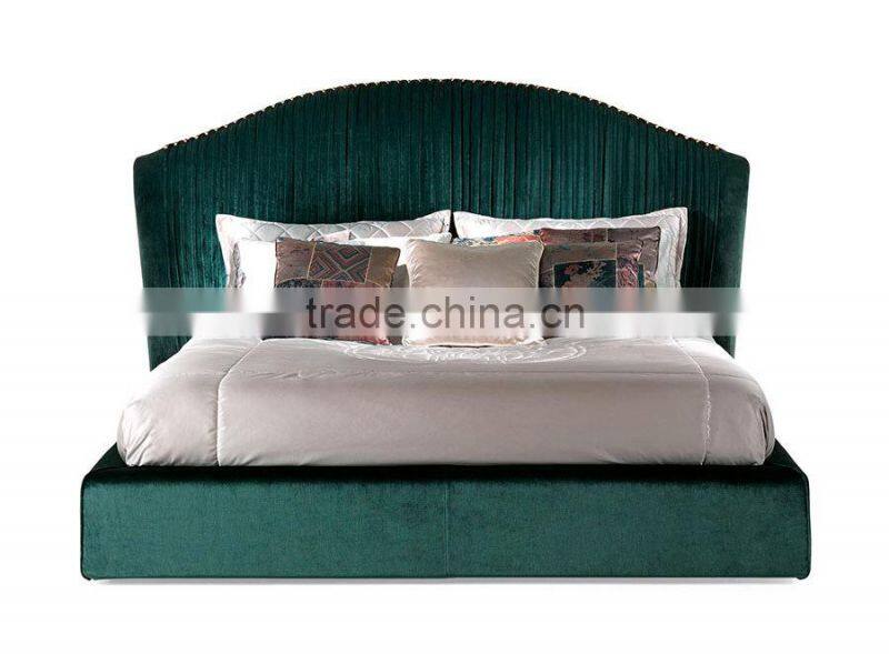 Italy Green Velvet Folded Headboard Fabric Upholstered Bed/ Luxury King Size Bedroom Furniture Set/ Elegant