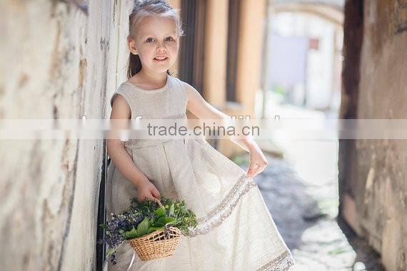 2017 New Style Wholesale Kids Clothing.Linen Flower Girl Dress Lace Children Long Frocks Designs