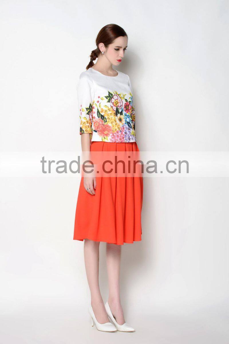 hot sell o neck floral half sleeve latest skirt and blouse for women
