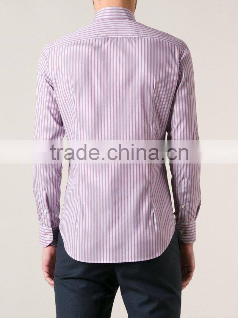 Pink cotton vertical stripes long sleeve men's classic shirt