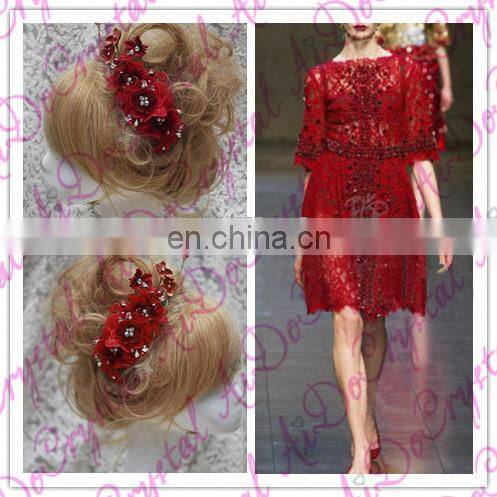 Aidocrystal Red wedding hairpiece hair flower with pearl hair comb