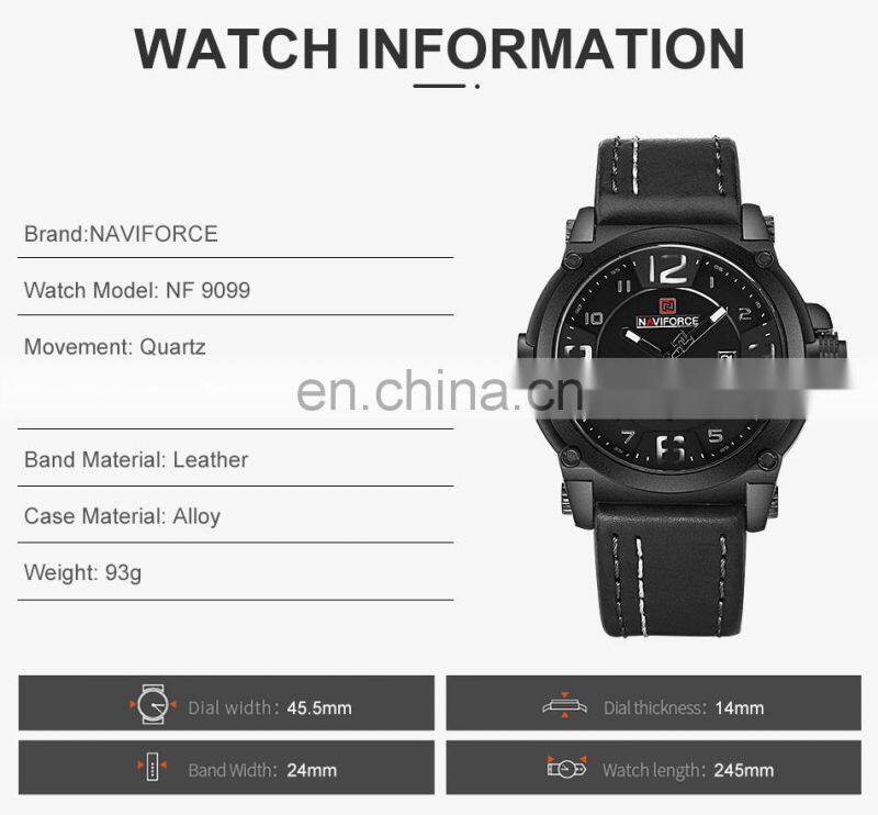 NAVIFORCE 9099 High Quality Japanese Quartz Movement Premium Watches Leather Auto Date Luminous Naviforce Watch Men Logo Watches
