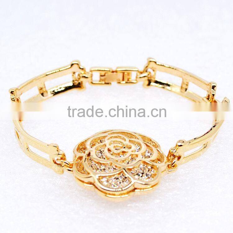 18k Gold Camellia Crystal Sparkle Diamond Hollow Chain Bangle Bracelet