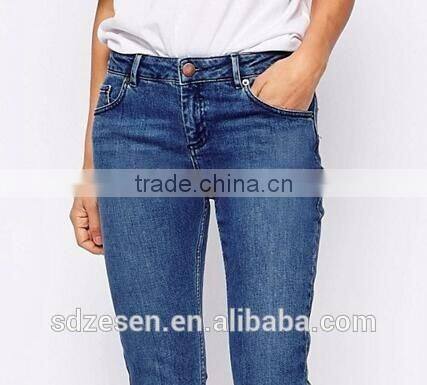 Wholesale Denim Five Pockets Boyfriend Jeans With Let Down Hem In Mid Wash Blue For Women
