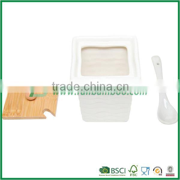 FB1-6019 ceramic Spice Serving Jars bamboo holder with serving spoons