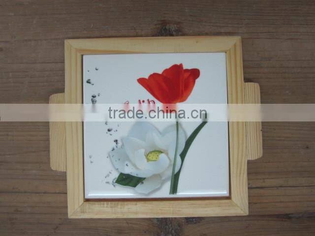 Ceramic Kitchen Serving Dish Tray with Wood Frame