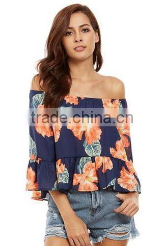Women's Casual Floral Off Shoulder Chiffon Blouse Top