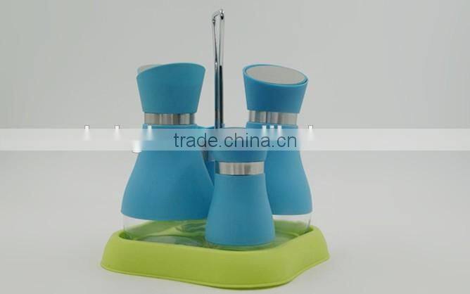 Glass oil vinegar salt pepper set cruet set with plastic coating and stand