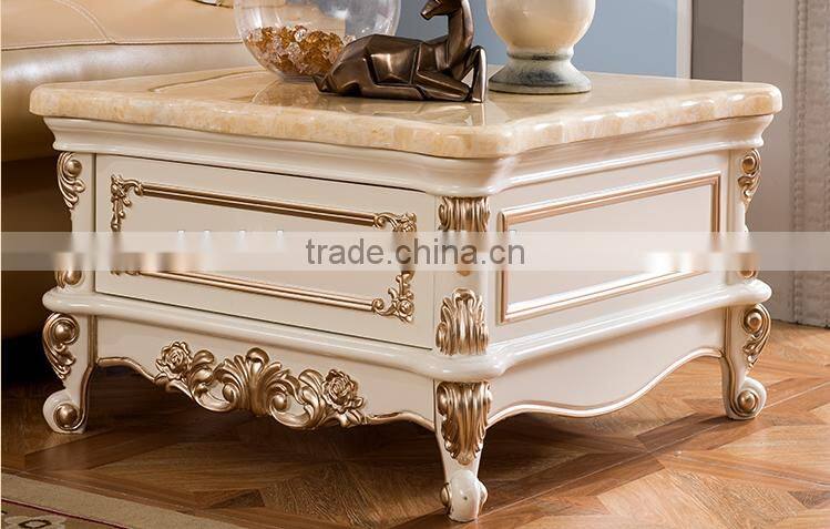 Marble top solid wood square end table with drawer