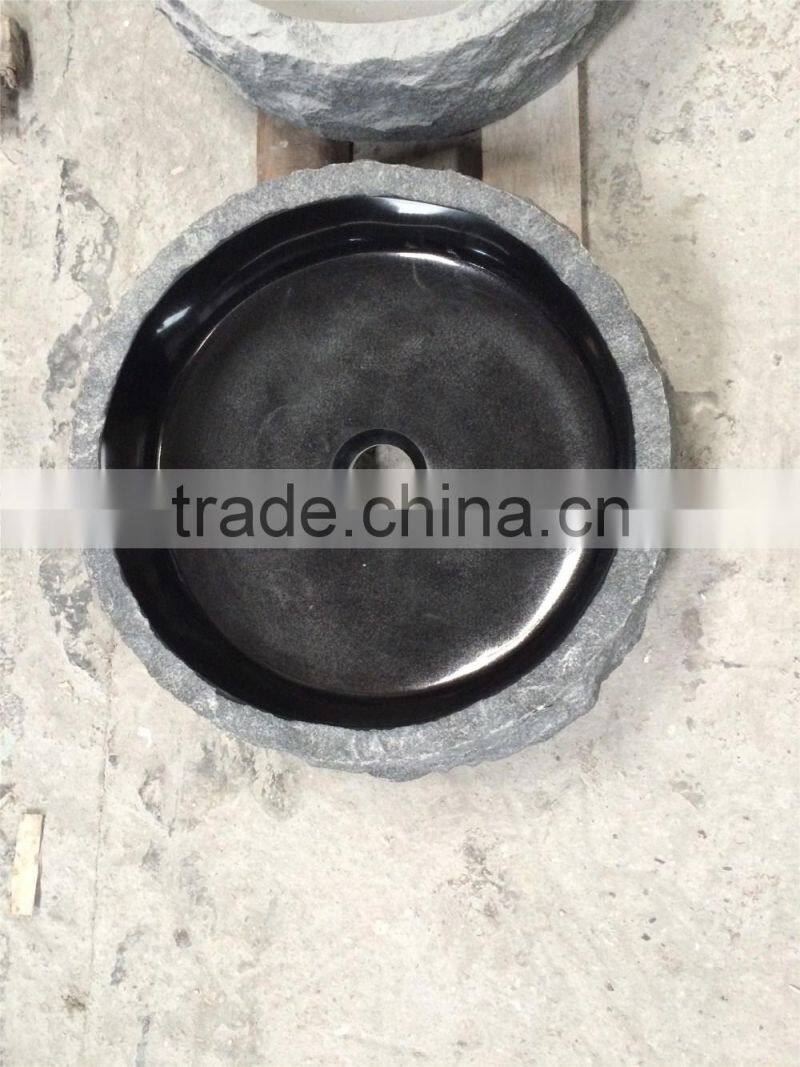 best price Shanxi black granite stone bathroom sink with natural outside