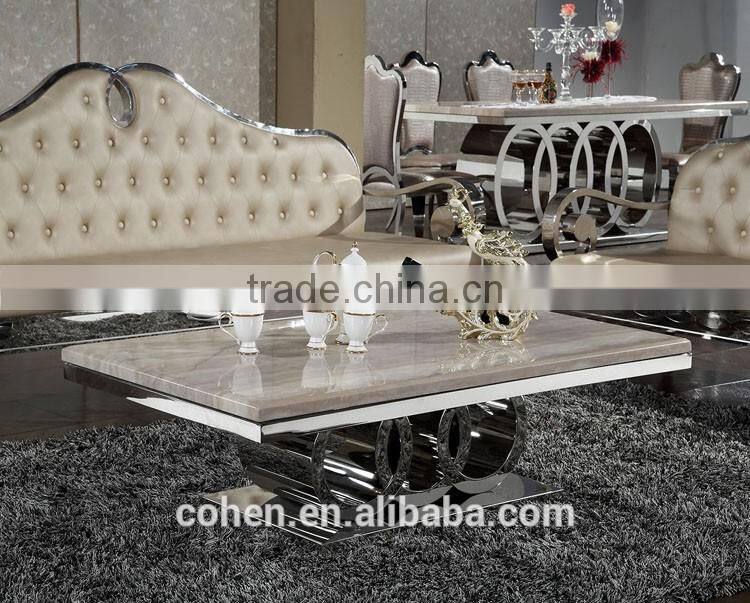 modern luxury polishing stainless steel dining table and chairs set with marble top furniture