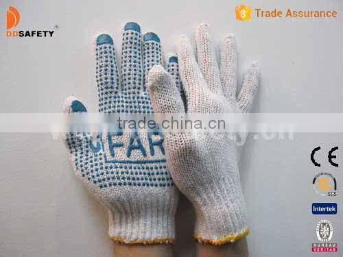 7G Bleach polycotton Knitted Blue PVC Dots Safety Working Gloves