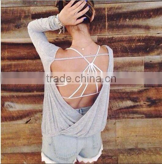 Sexy Women Ladies Crew Neck Backless Casual Long Sleeve Cotton T-Shirt Blouse Tops