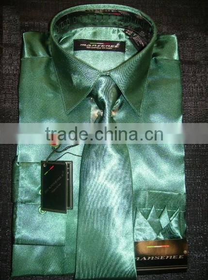 mens satin shirts man solid satin silk dress shirts with tie and handkerchief