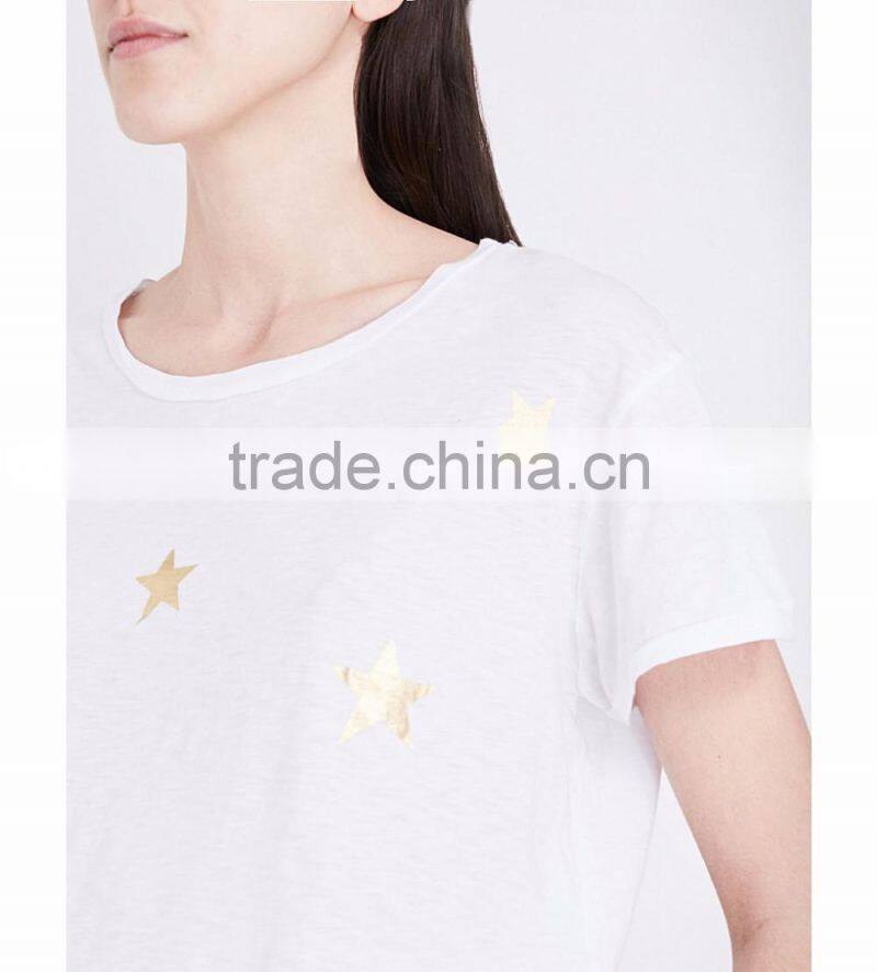 Dropped Shoulders Short Sleeves Star Printed Cotton Jersey T-shirt(DQE0255T)