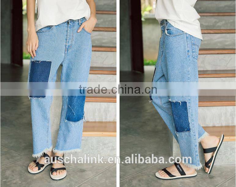 summer trendy exotic knee patches straight jeans fashion design