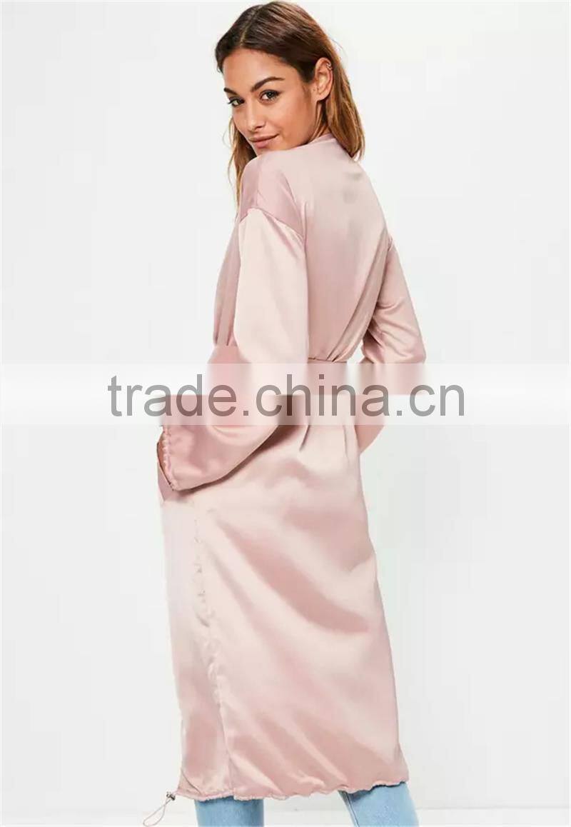 MGOO 2017 New Arrival Long Sleeves Custom Silky Duster Coat Women Pink Zip Up Jackets Spring Satin Blazers