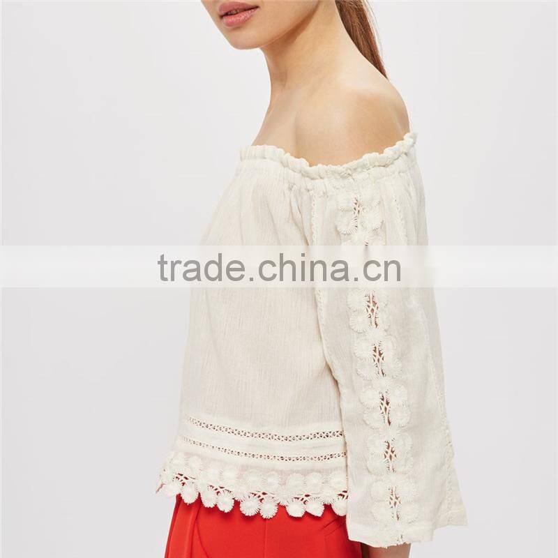 Factory direct sale boho style off shoulder crochet long sleeve female tops