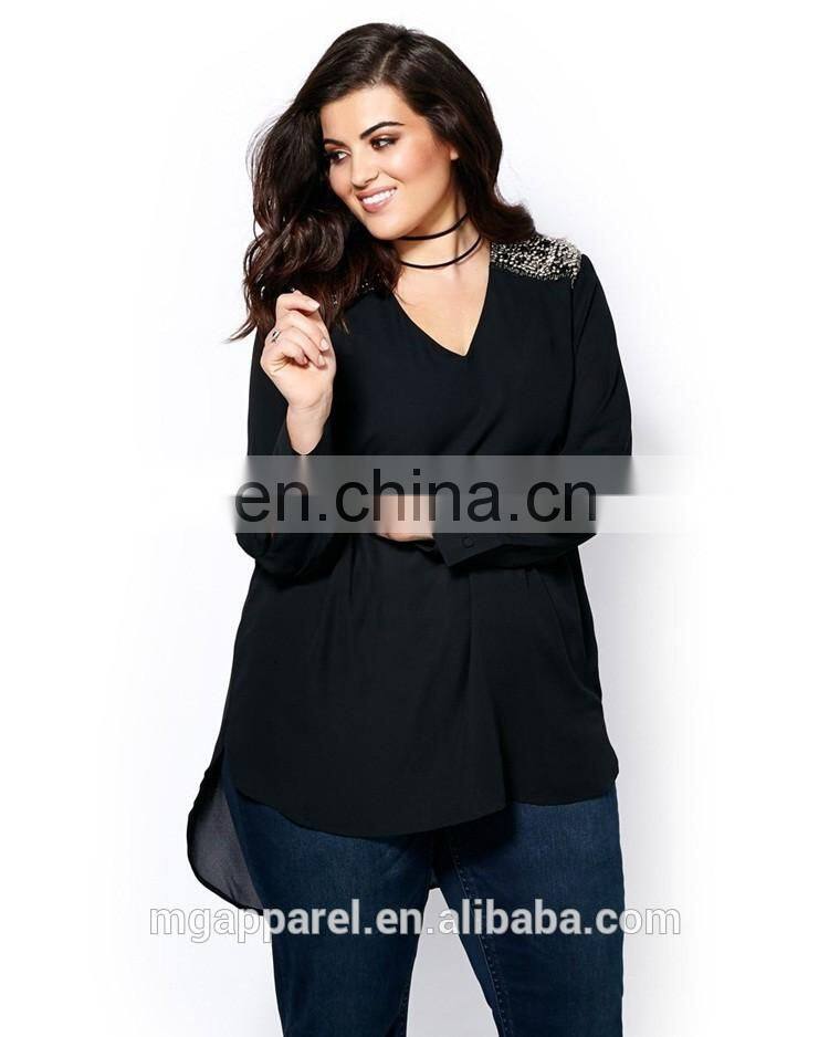 Casual Blouse For Fat Woman Fashion Design Long Sleeve Beaded Lady Blouse