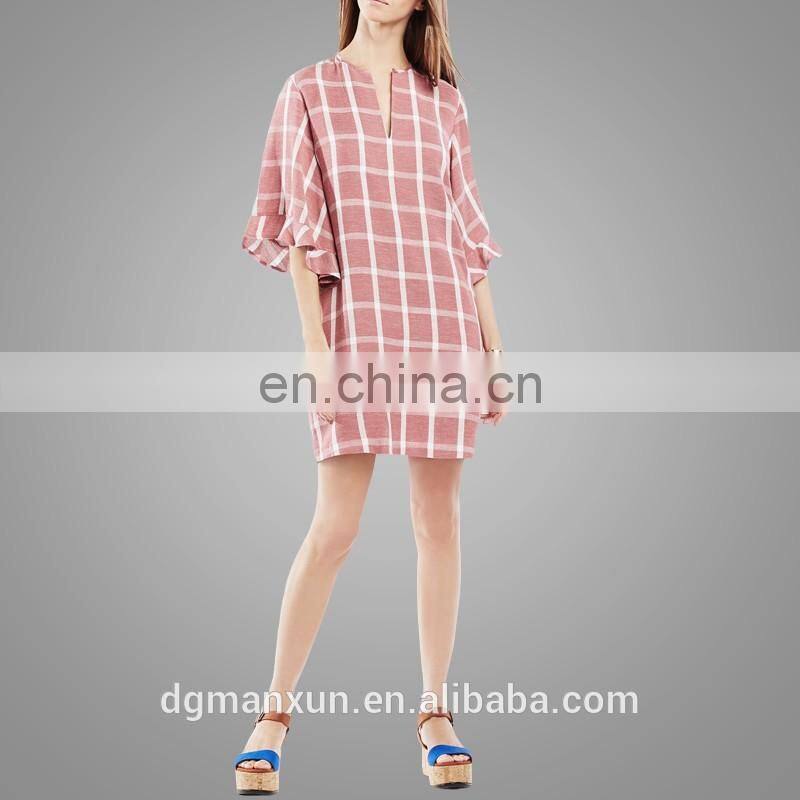 2016 OEMODM Custom Women Summer Style Long Sleeve Short Plaid Printed Slim Fashion New Dress Women's Top