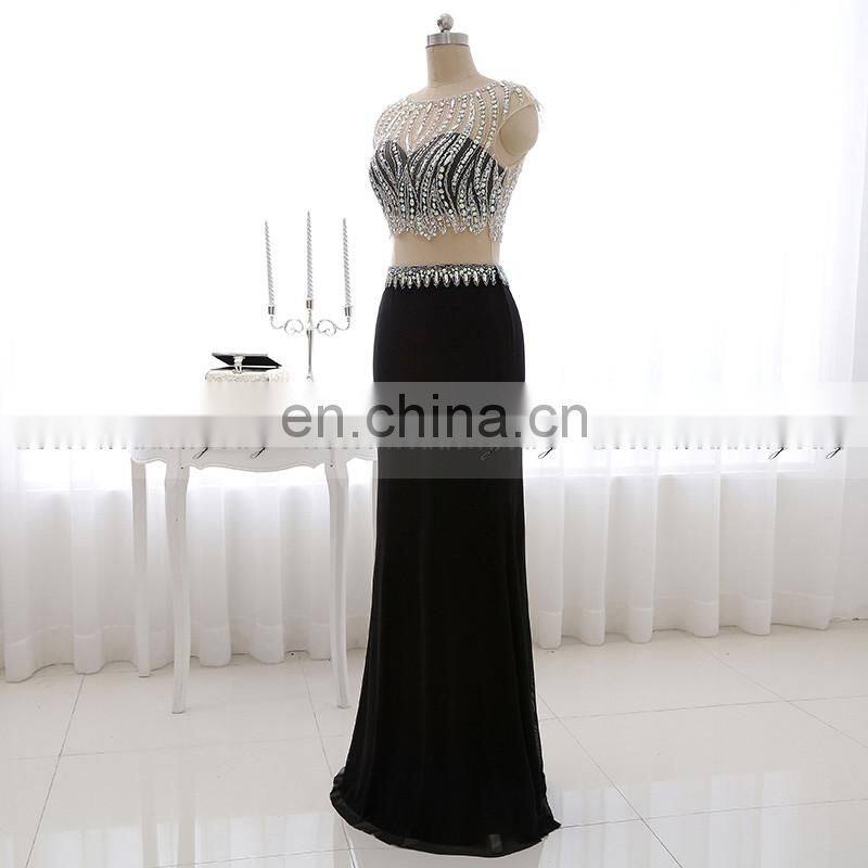New Fashion Two-Piece Cap Sleeve Black Mermaid Crystal Beaded Evening Gowns Evening Dresses LX321