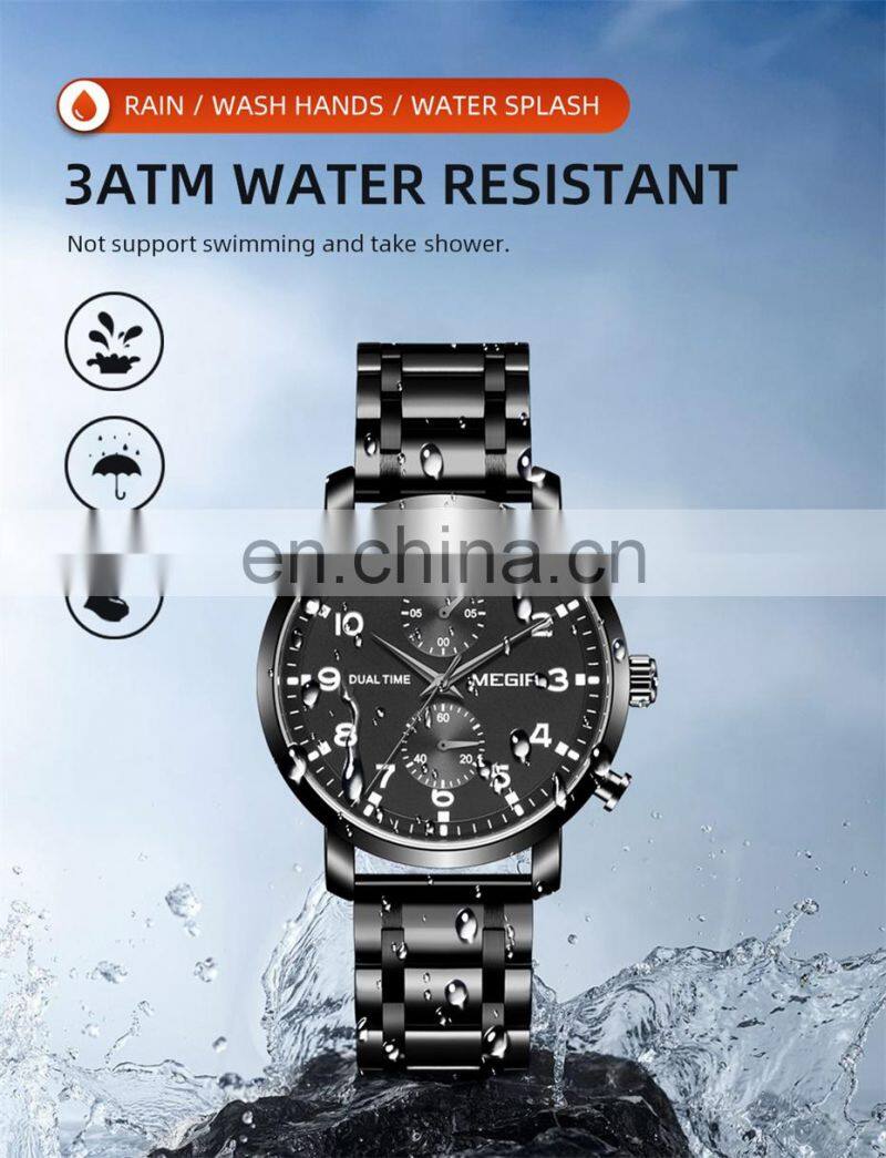MEGIR 2160G Men Quartz Wristwatch Waterproof Business Multifunctional Stainless Steel Mans Watches