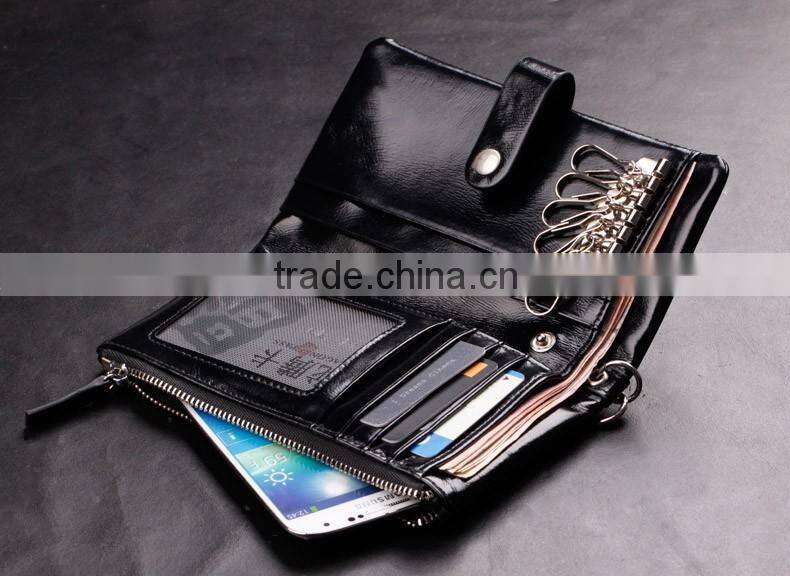 Top oil wax cowhide leather car key case key holder for men Multi-functional wallet with wristlet