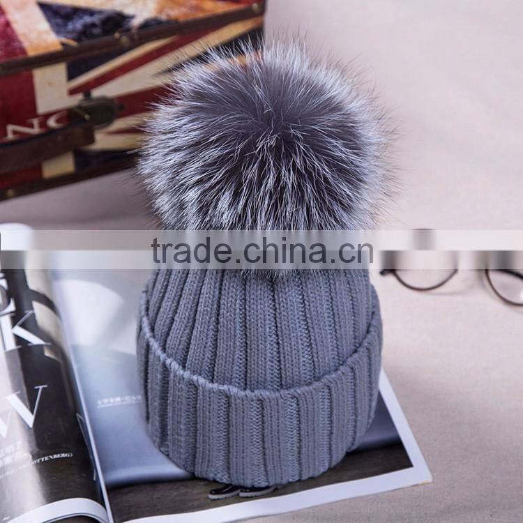 New Arrival Winter Fashion Girl Wool Knit Silver Fox Fur Hats