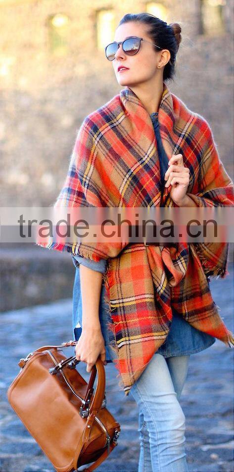 New Design Fashion Woman Orange Plaid Cashmere Square Shawl