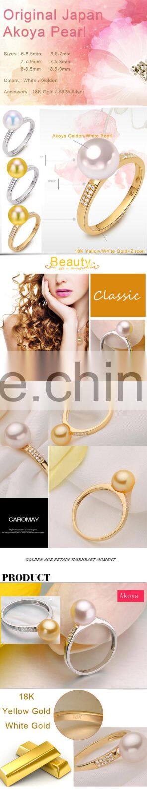 2016 online wholesale drop ship white akoya pearl natural saltwater pearl rings jewelry flexible 18K gold with zircon