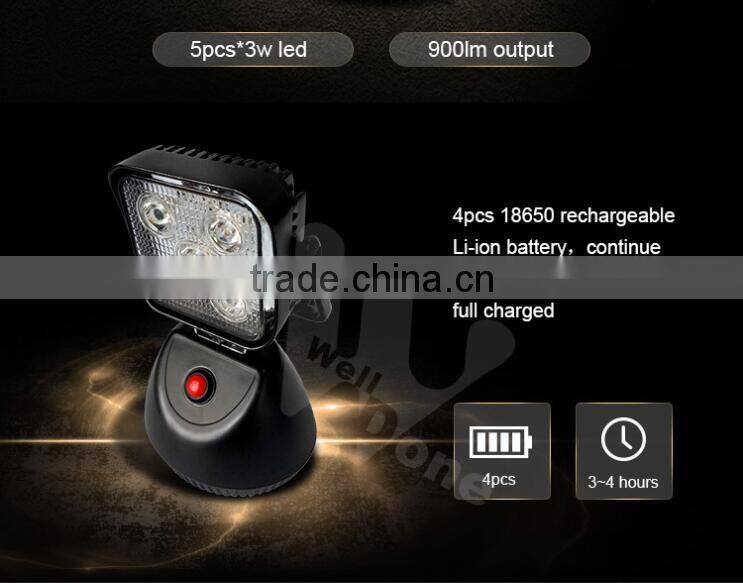 3.7" 15W battery DC or car charge portable brightnees adjustable rechargeable magent inspection camping LED work light