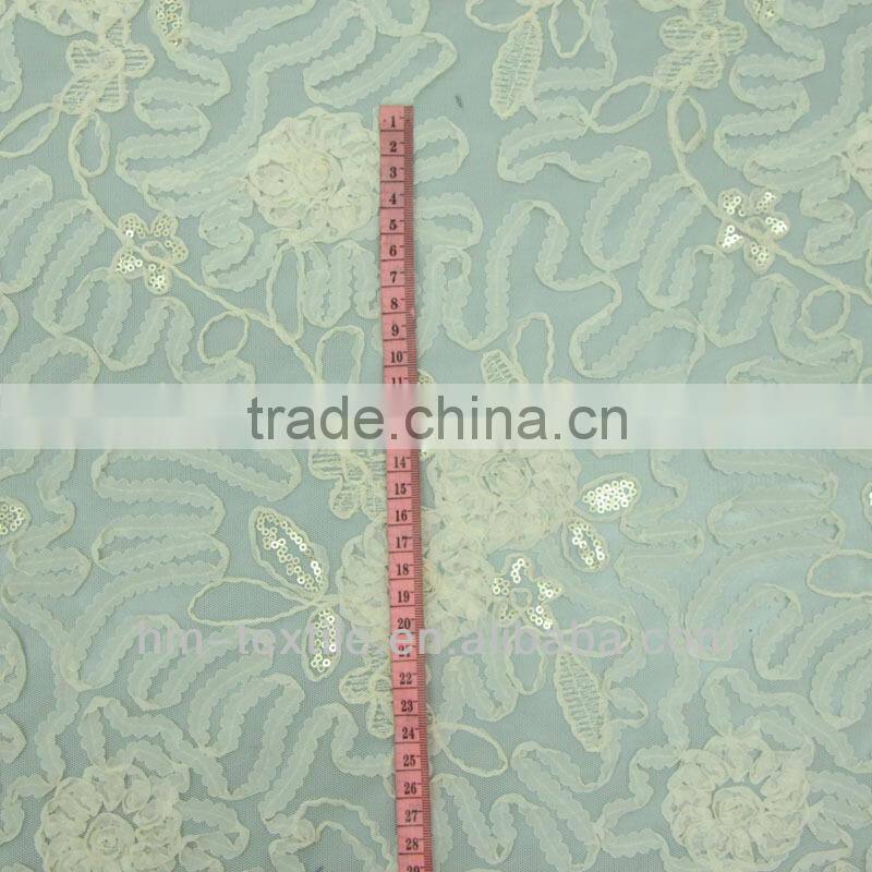 2017 New Apricot Dribbling Sequins Mixed Embroidery Fabric for ZARA Brand Long Dress Textile With High Quality Mesh from China