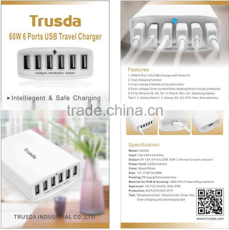 wall socket 6 ports 60W adpter Portable mobile charger,home charger,laptop charger
