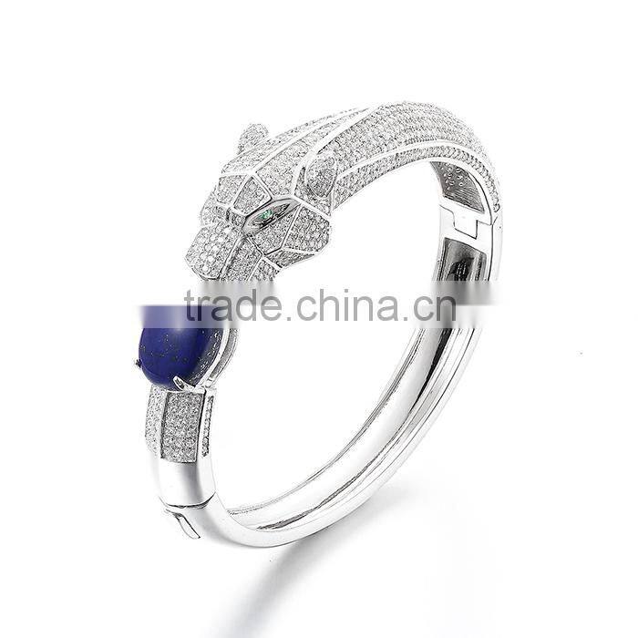 925 Sterling Silver Fashion Lapis Lion Head Bangle Bracelet SBG763W