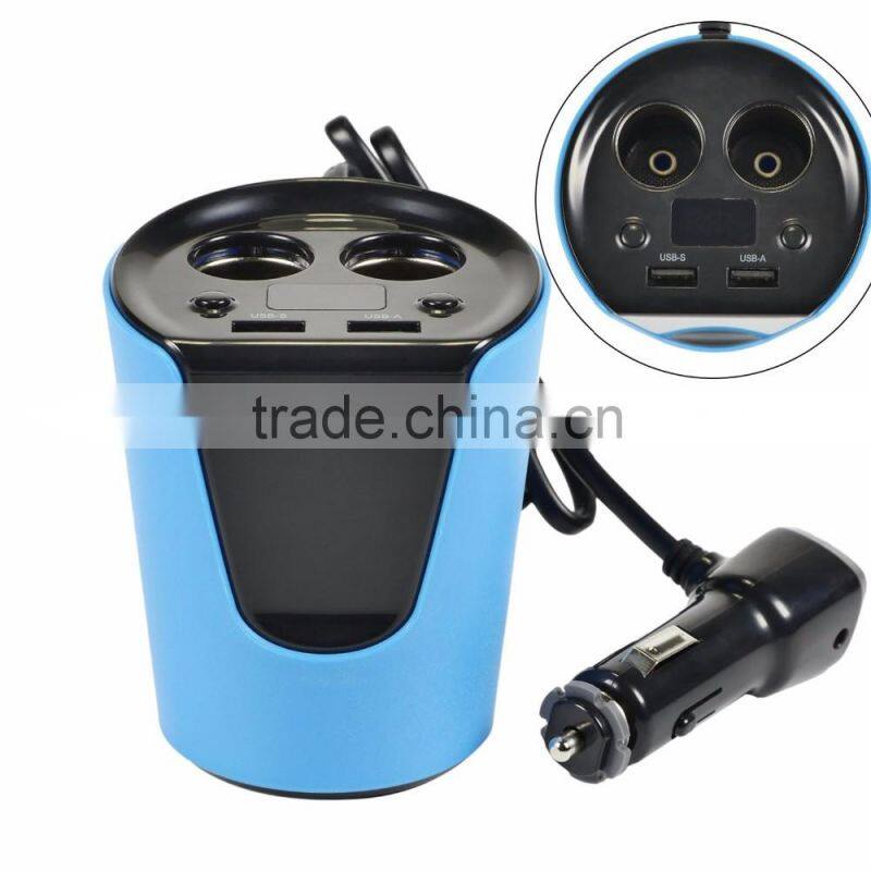 2 USB ports and 2 cigarete socket car power adapter