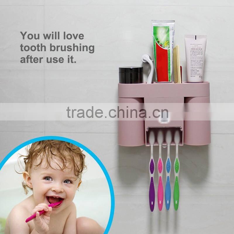 Dustproof Toothbrush Holder Hands Free Toothpaste Squeezer dispenser with 2 Ringing Mugs