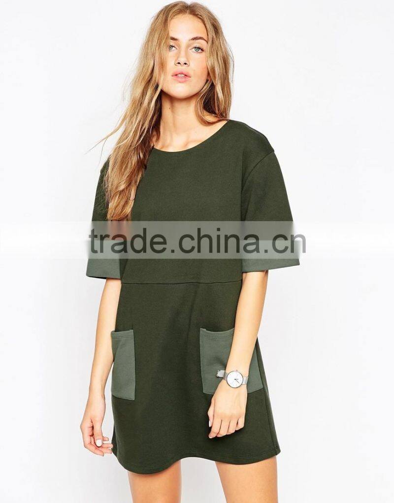 New arrival color combination design womens olive green casual knit dress skirt 2016