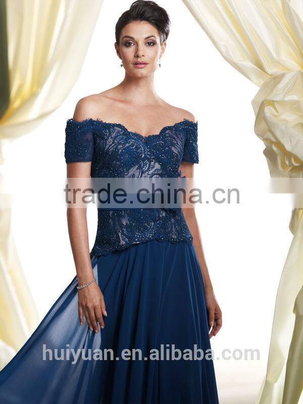 one piece long lace cap sleeve chiffon evening blue women dress