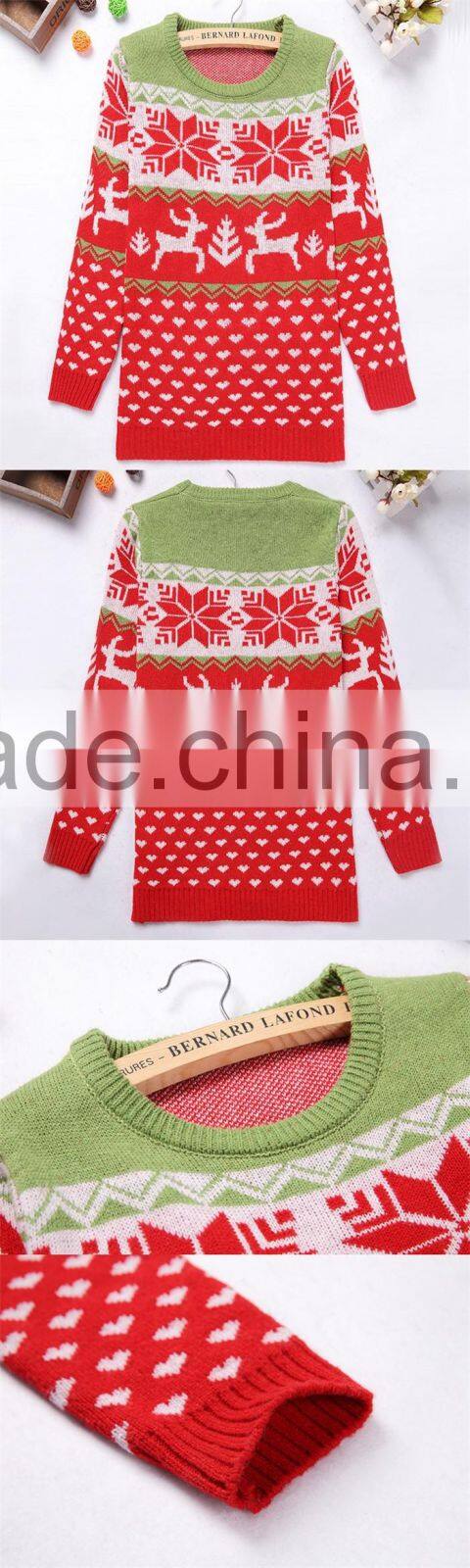 Fashionable design long style red snowflake patterns ladies Christmas sweater