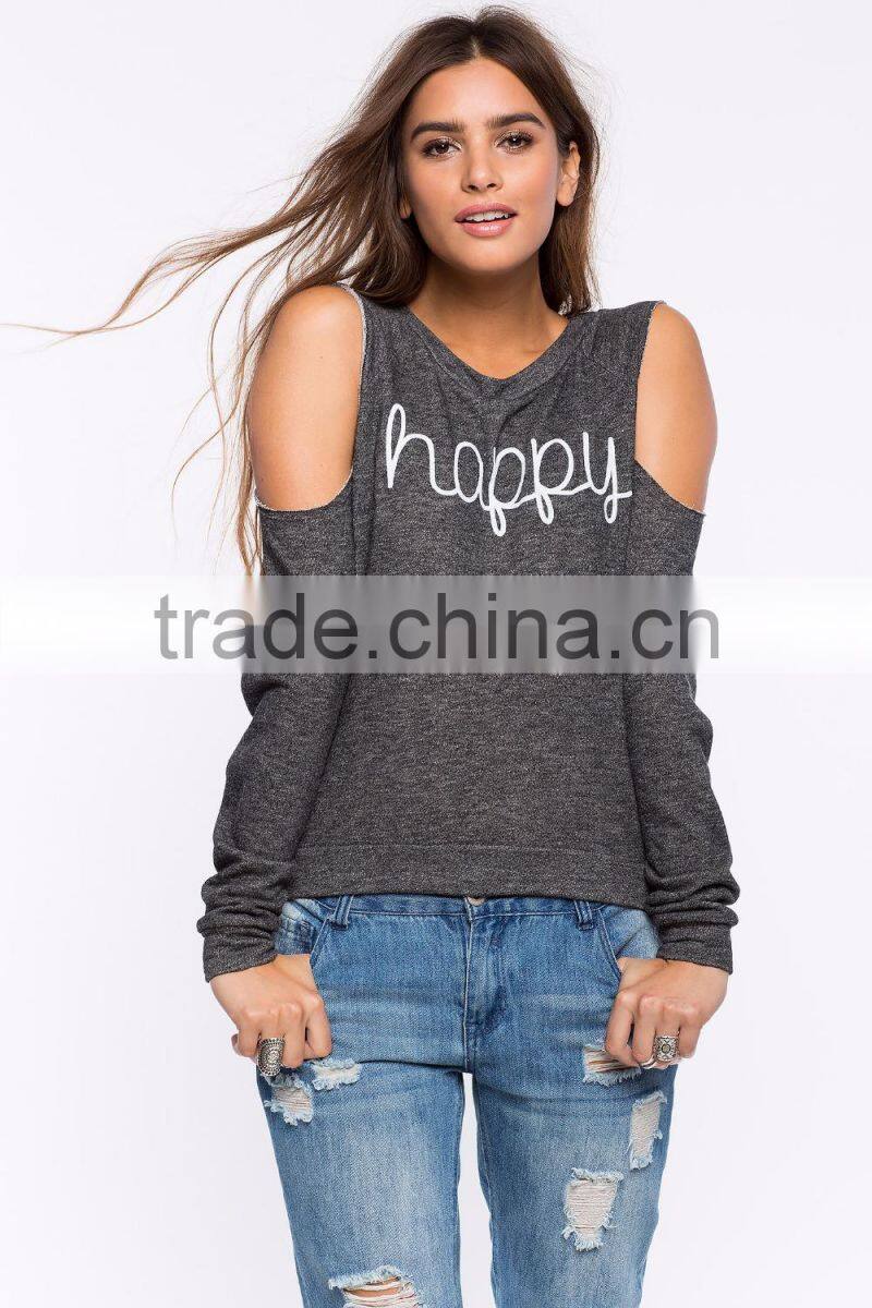 Sexy cold-shoulder graphic print crewneck sweatshirt womens clothing fall 2015